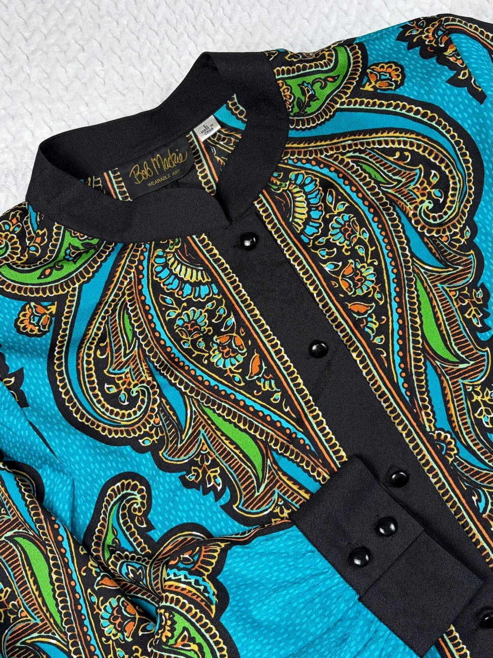 Bob Mackie Blue Paisley Print Button Front Blouse Black Mock Mandarin Collar L